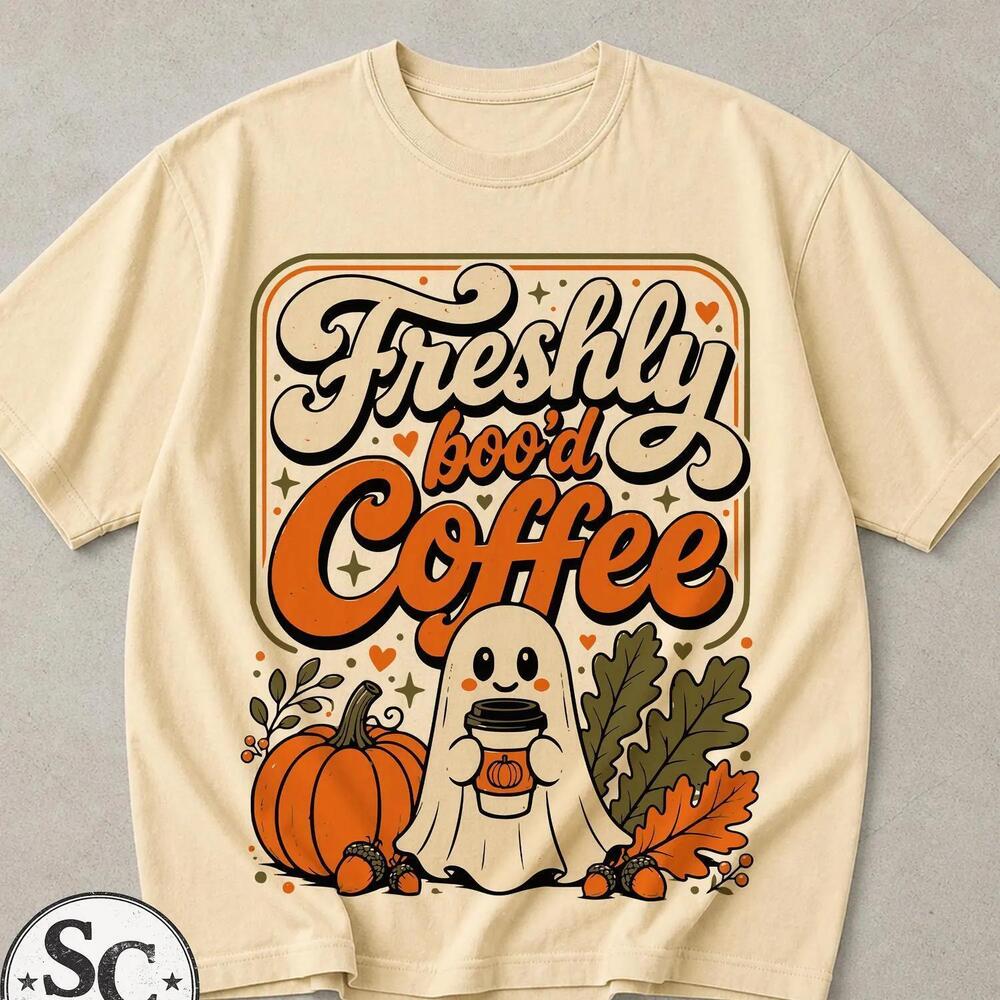 Freshly BooD Coffee T-Shirt Cute Ghost Halloween Shirt, Retro Fall Coffee